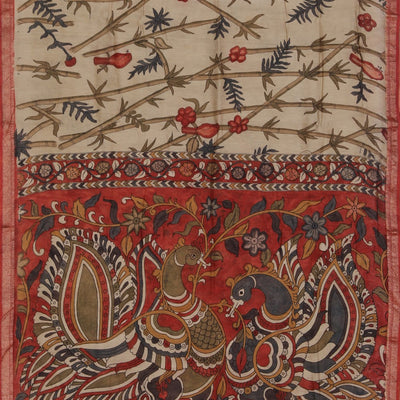 Kalamkari Hand-Painted Beige Saree