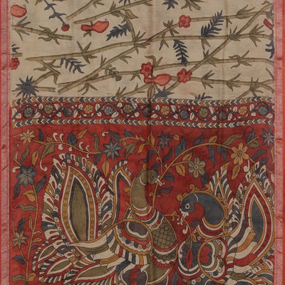 Kalamkari Hand-Painted Beige Saree