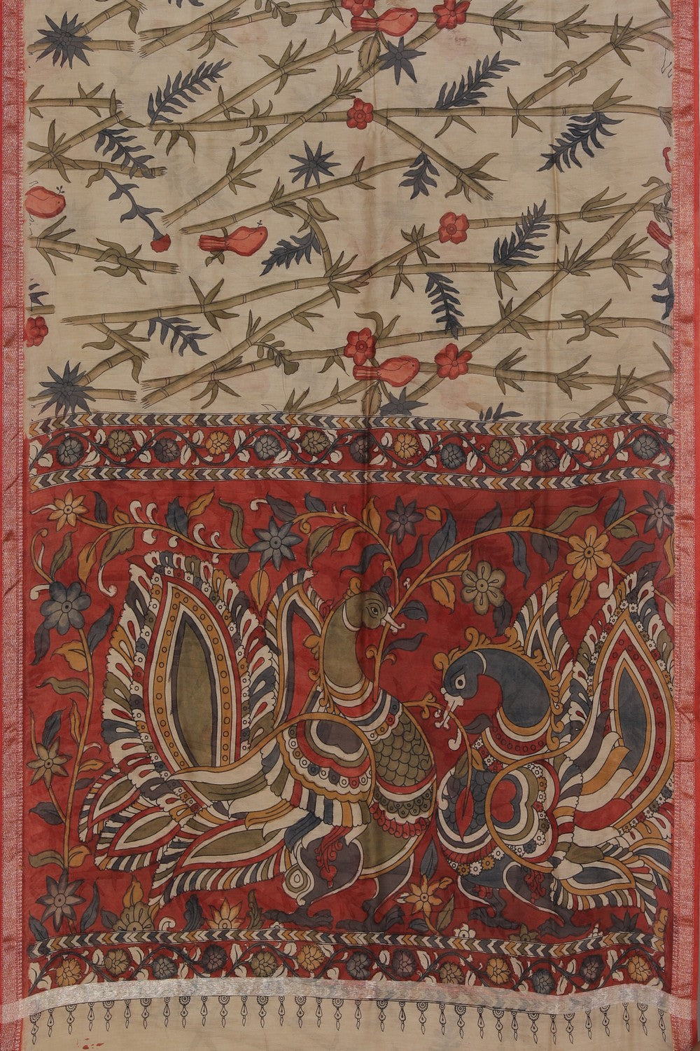 Kalamkari Hand-Painted Beige Saree