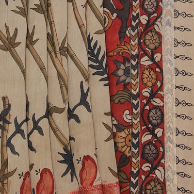 Kalamkari Hand-Painted Beige Saree