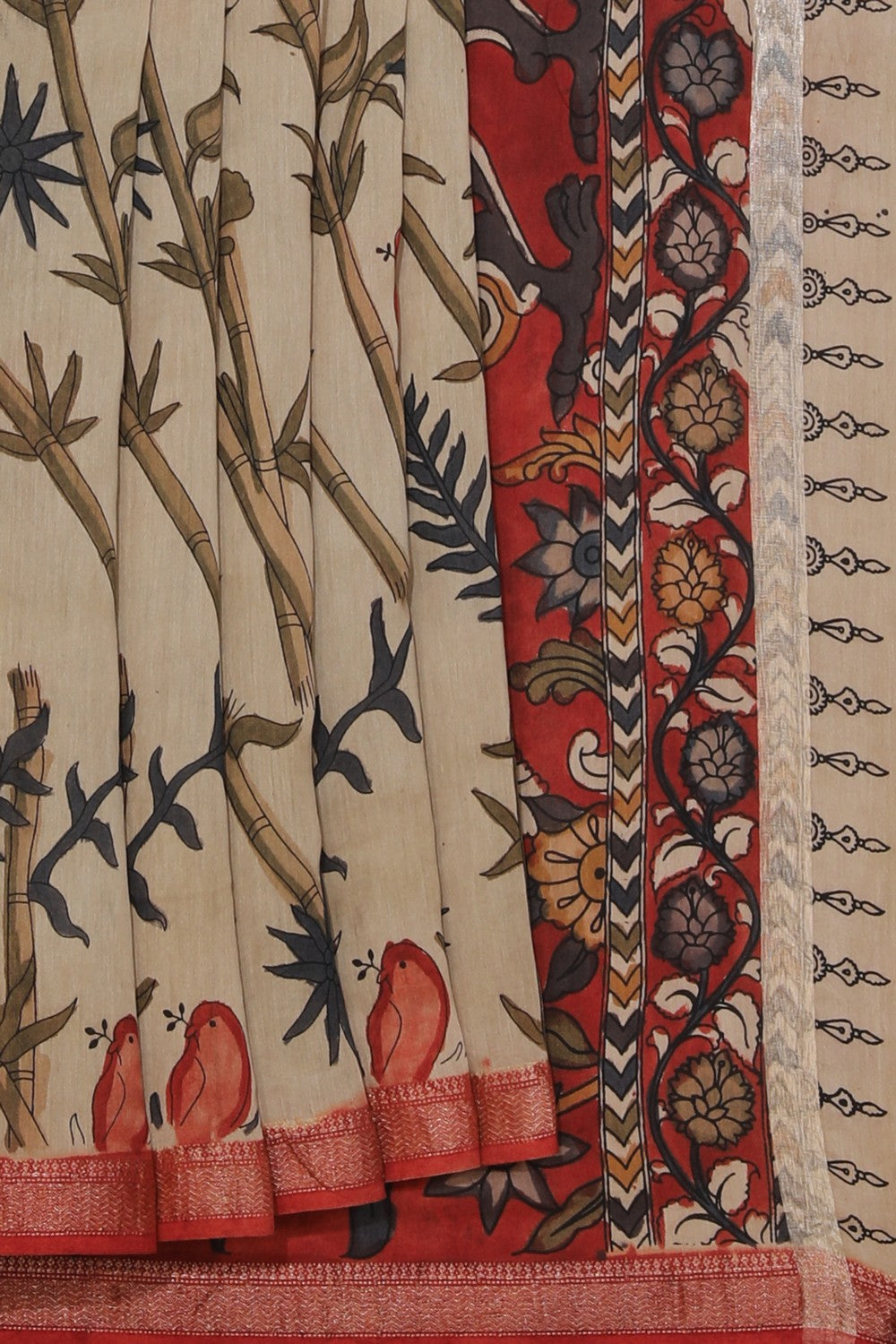 Kalamkari Hand-Painted Beige Saree