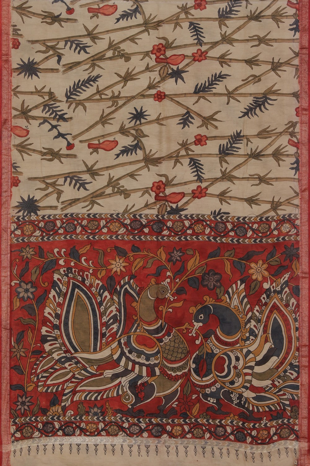 Kalamkari Hand-Painted Beige Saree