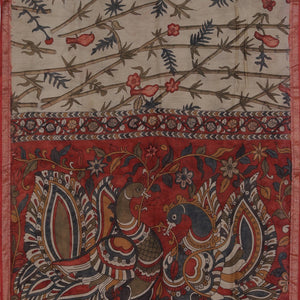 Kalamkari Hand-Painted Beige Saree