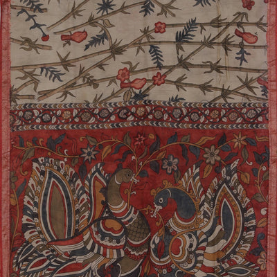 Kalamkari Hand-Painted Beige Saree