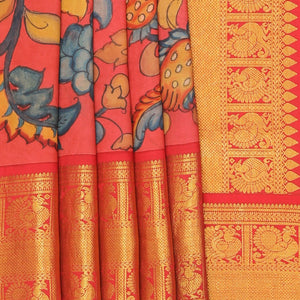 Kalamkari Hand-Painted Silk Coral Pink Saree