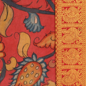 Kalamkari Hand-Painted Silk Coral Pink Saree