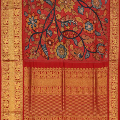 Kalamkari Hand-Painted Silk Coral Pink Saree