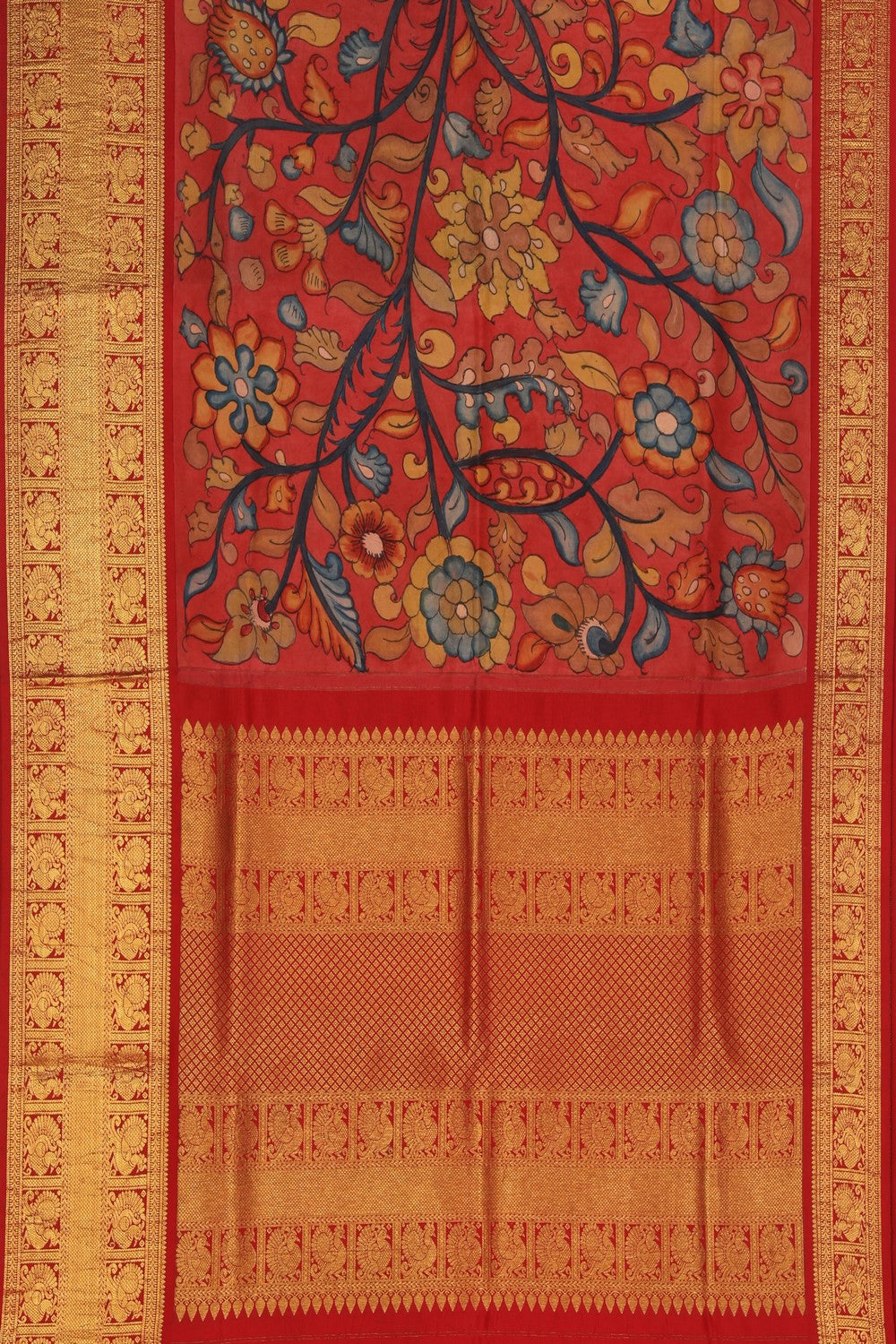 Kalamkari Hand-Painted Silk Coral Pink Saree