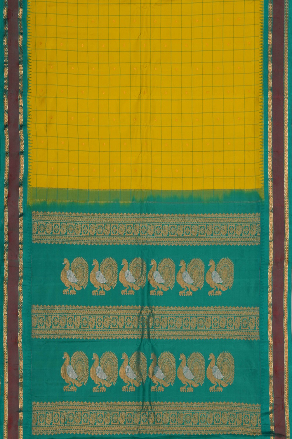 Gadwal Silk Spring-Green Kattam Saree