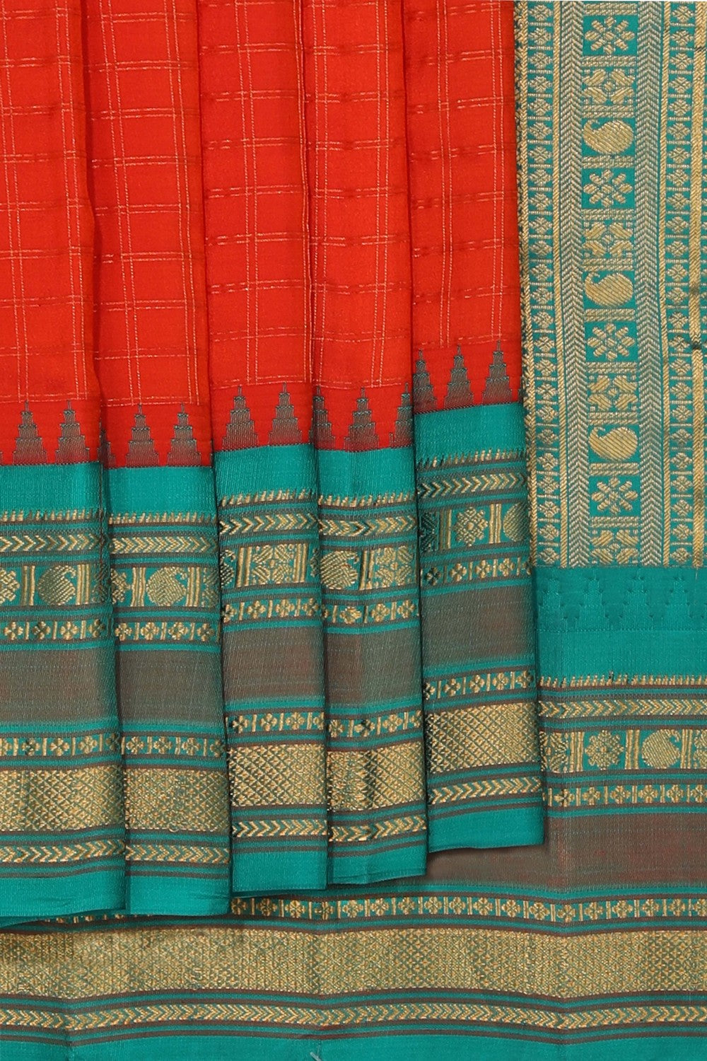 Gadwal Silk Red Kattam Saree