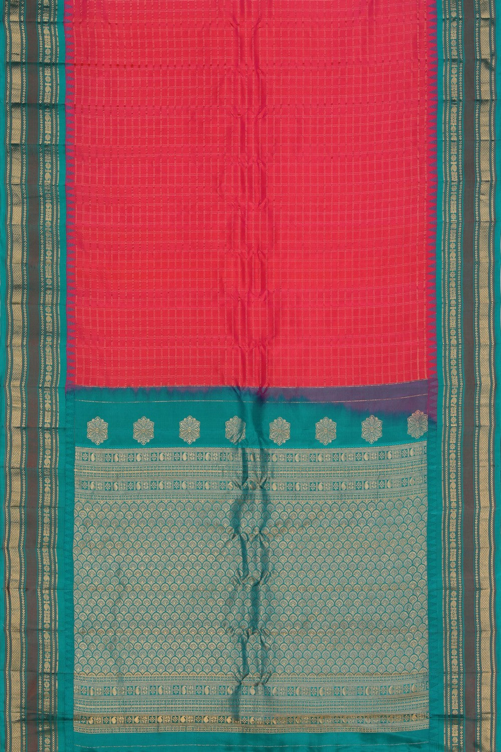 Gadwal Silk Fuchsia-Pink Kattam Saree