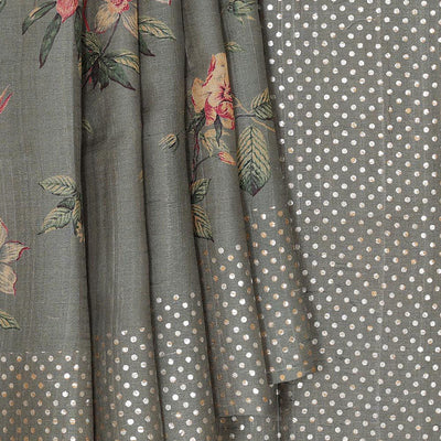 Grey Tussar Silk Saree With Flower Print