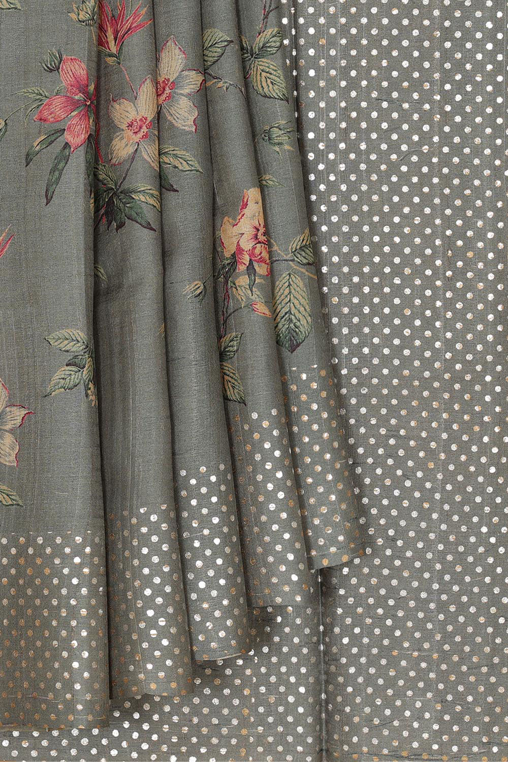 Grey Tussar Silk Saree With Flower Print