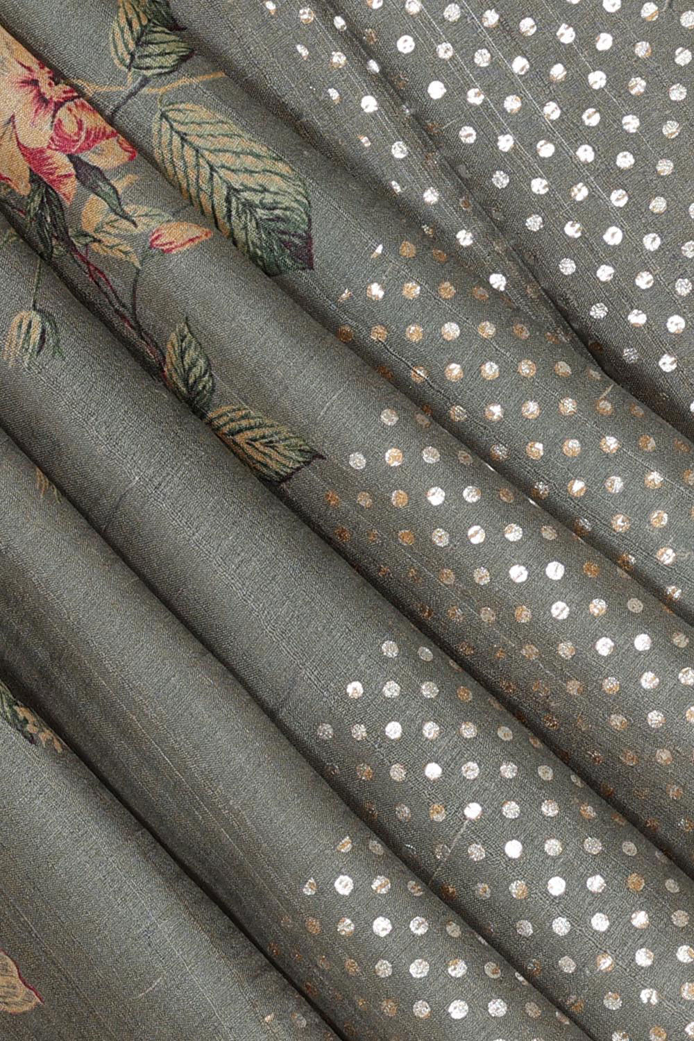 Grey Tussar Silk Saree With Flower Print