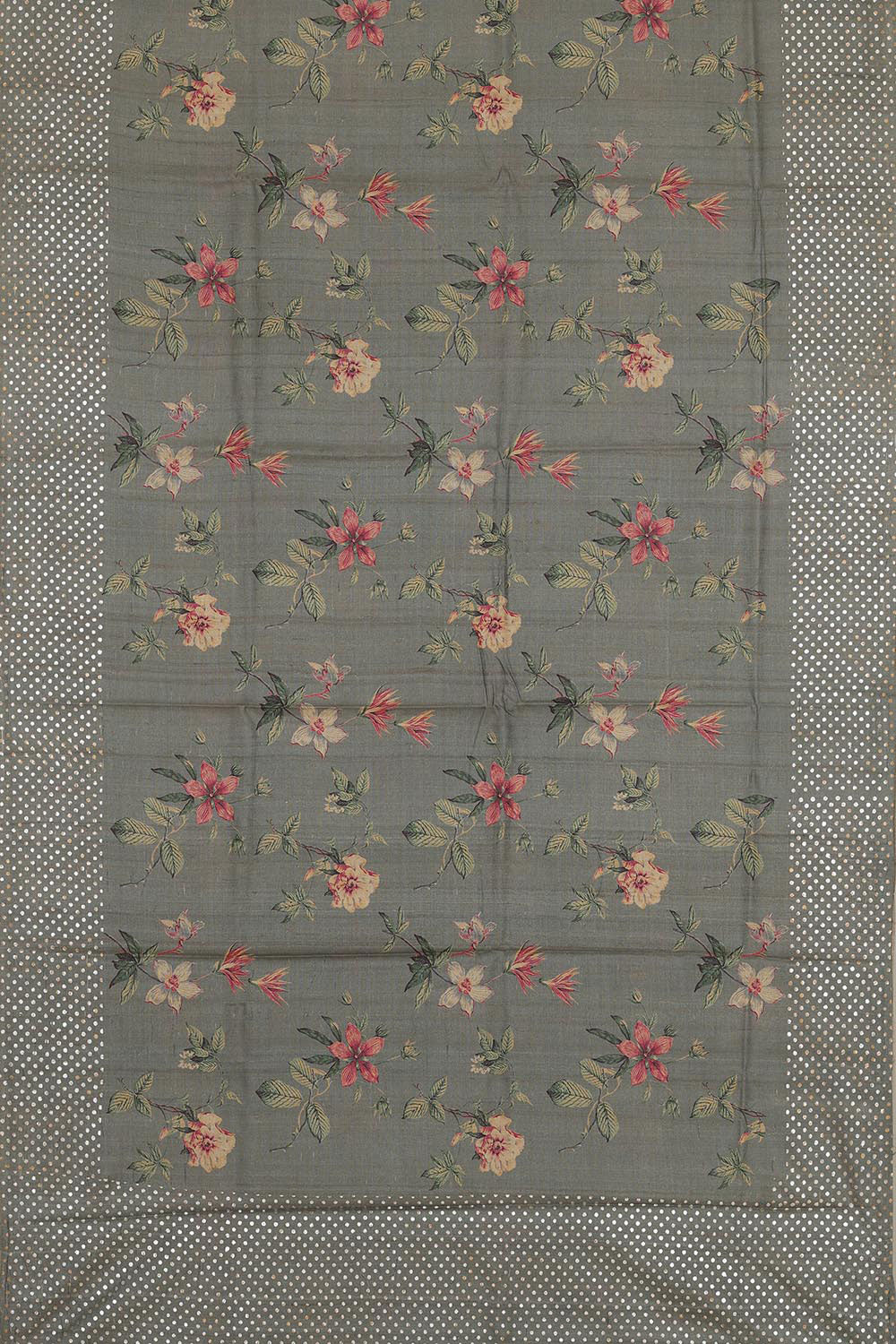 Grey Tussar Silk Saree With Flower Print