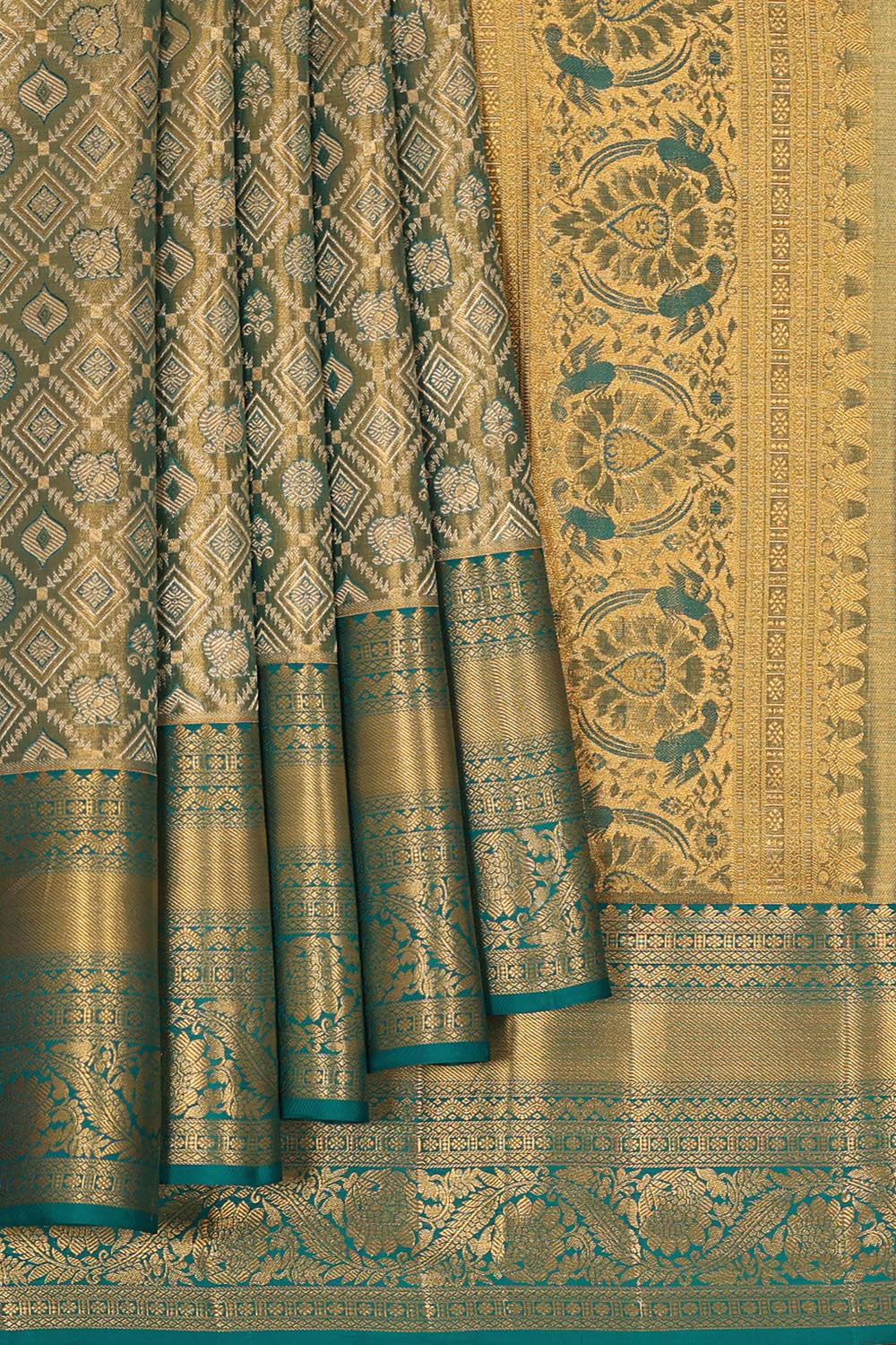 Kanchipattu An Ethereal Gold/Teal Blue Saree