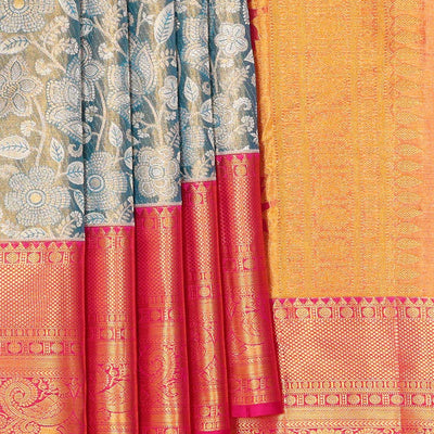 Kanchipattu Bluish Grey Tissue Brocade Saree