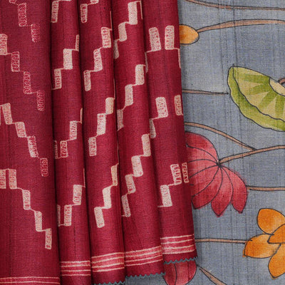 Dark Red Tussar Silk Saree