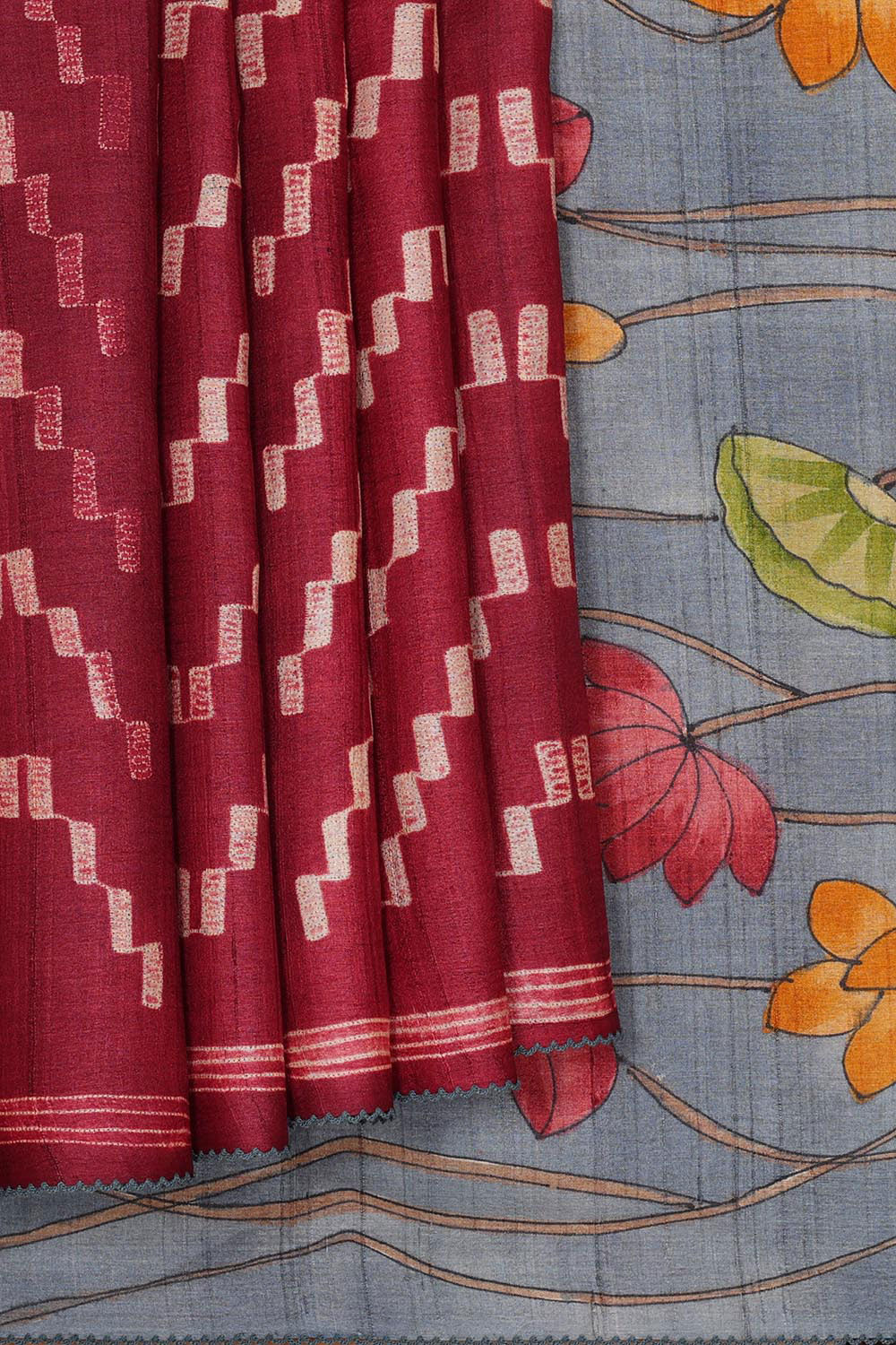 Dark Red Tussar Silk Saree