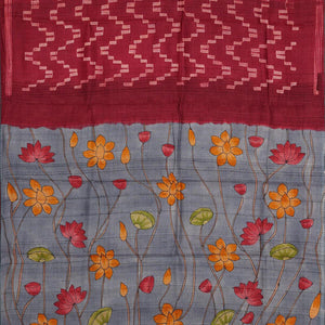 Dark Red Tussar Silk Saree