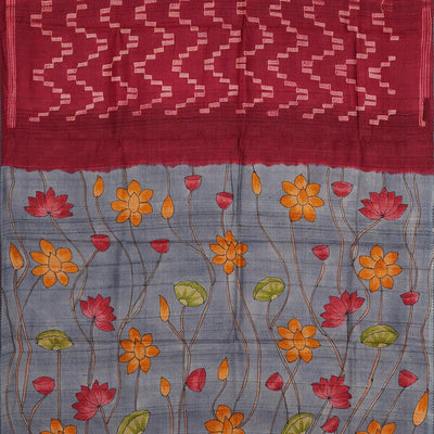 Dark Red Tussar Silk Saree
