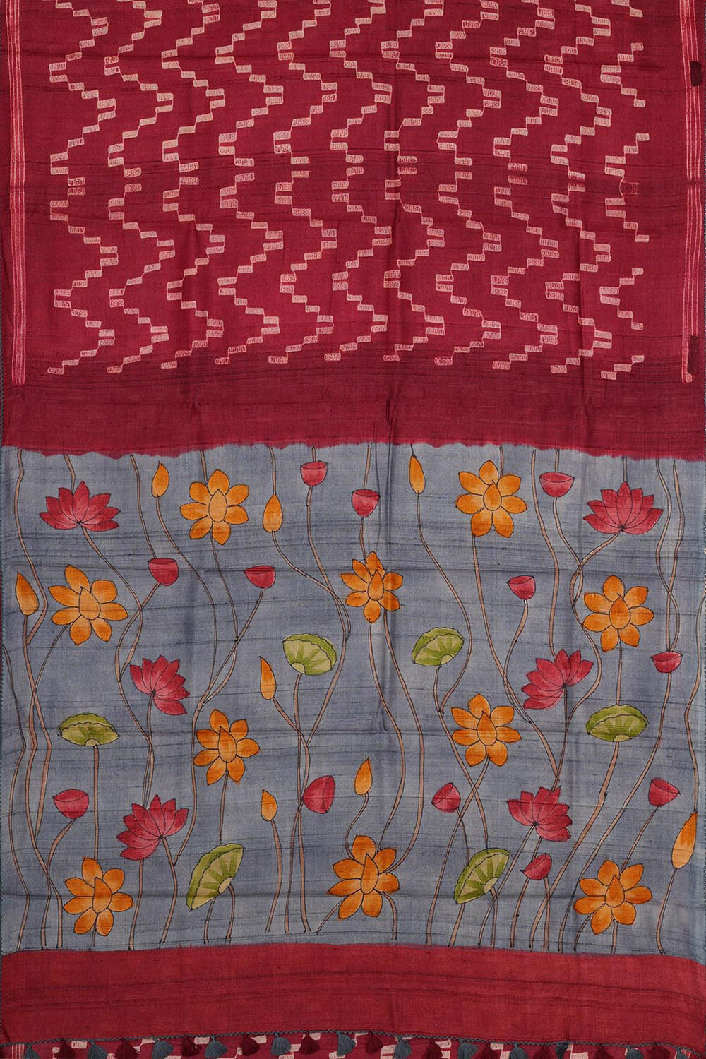 Dark Red Tussar Silk Saree