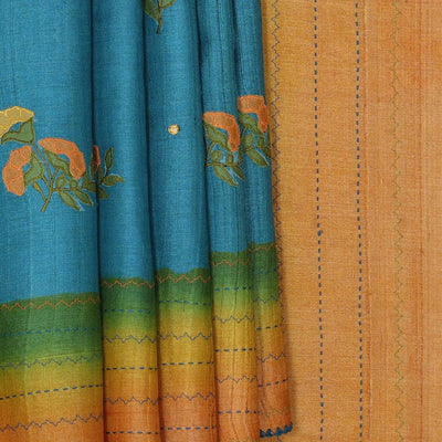 Embroidered Tussar Silk Teal Blue Saree