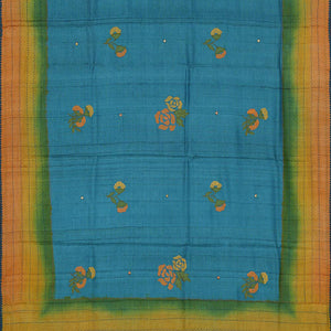 Embroidered Tussar Silk Teal Blue Saree