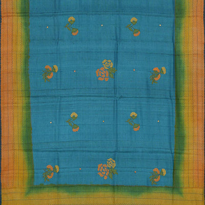 Embroidered Tussar Silk Teal Blue Saree