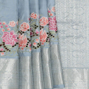 Kanchipattu Bluish Grey Embroidered Saree