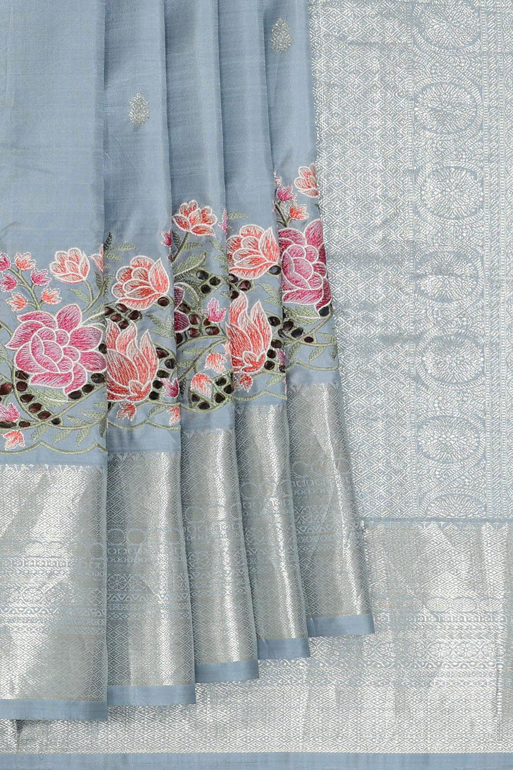 Kanchipattu Bluish Grey Embroidered Saree