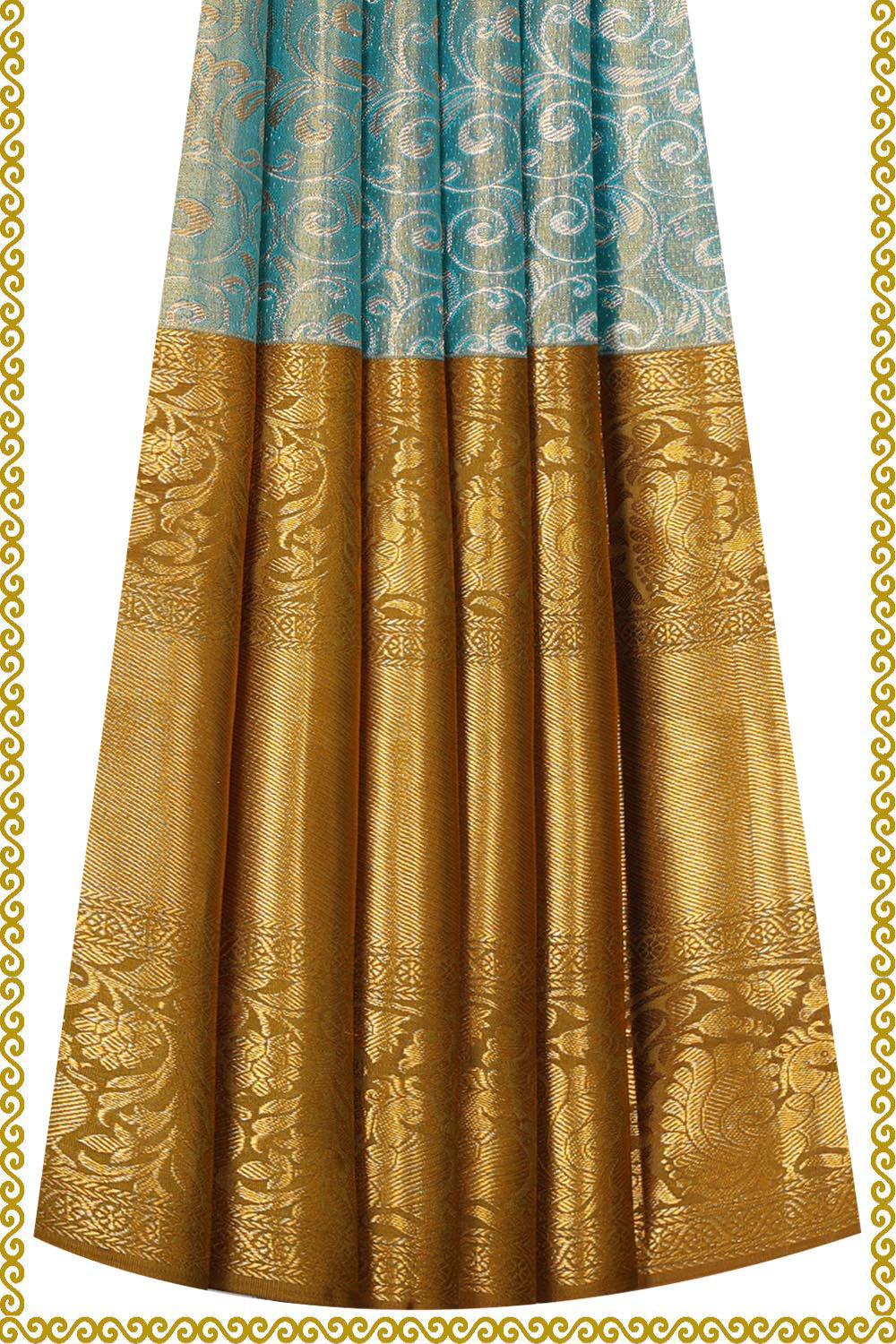 Kanchipattu Blue Tissue Pavada Unstitched Set