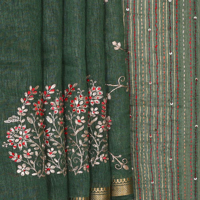 Embroidered Tussar Silk Bottle Green Saree