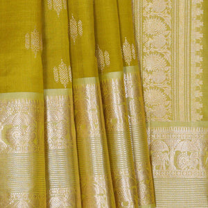 Kanchi Kora Golden Green Brocade Saree