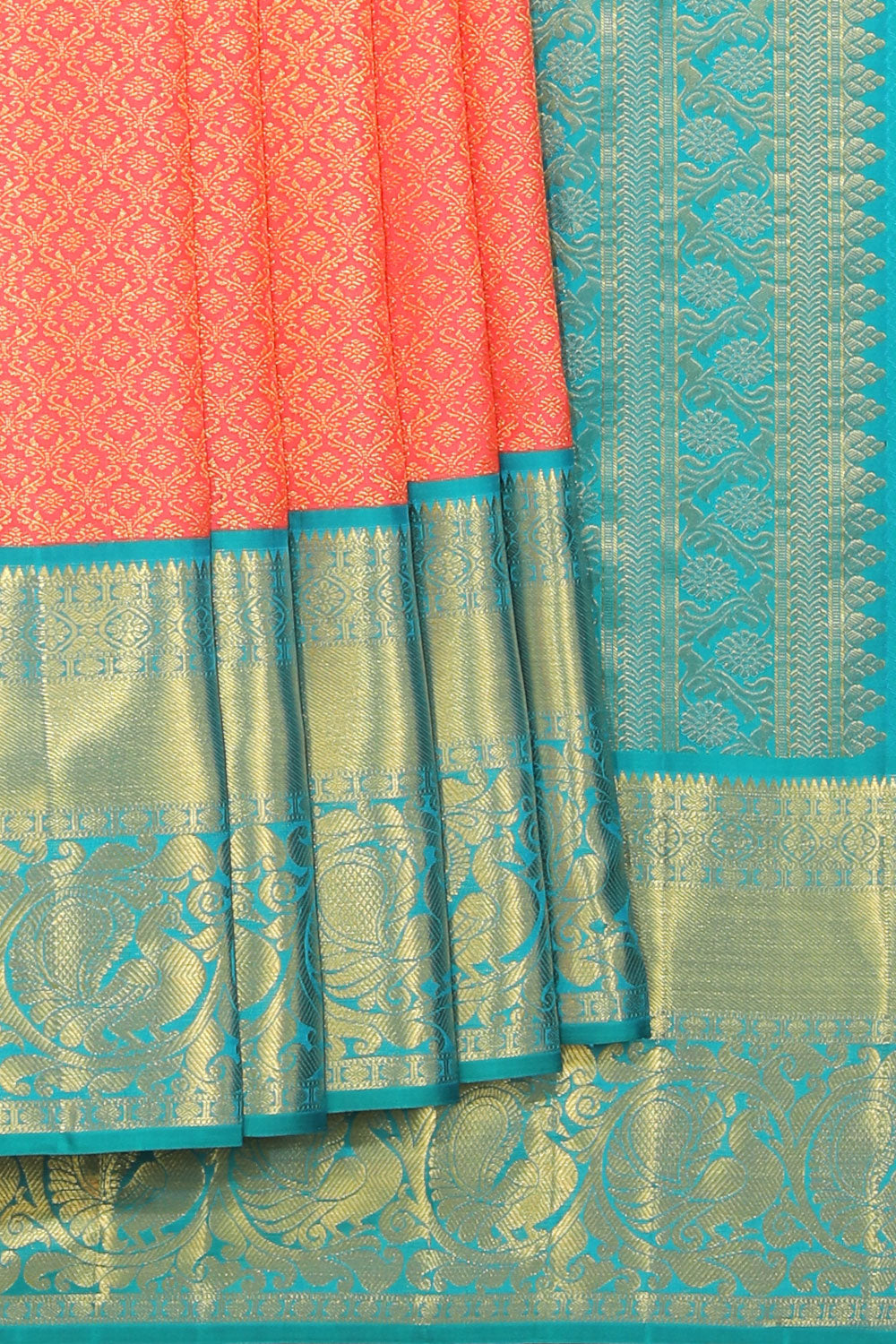 Kanchipattu Brocade Coral Peach Saree