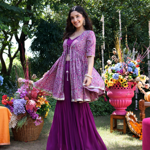 Geometric Purple Elegance Printed Satin Sharara Set