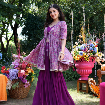 Geometric Purple Elegance Printed Satin Sharara Set