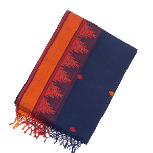 Navy Blue Handloom Bengal Cotton Saree With Temple Border