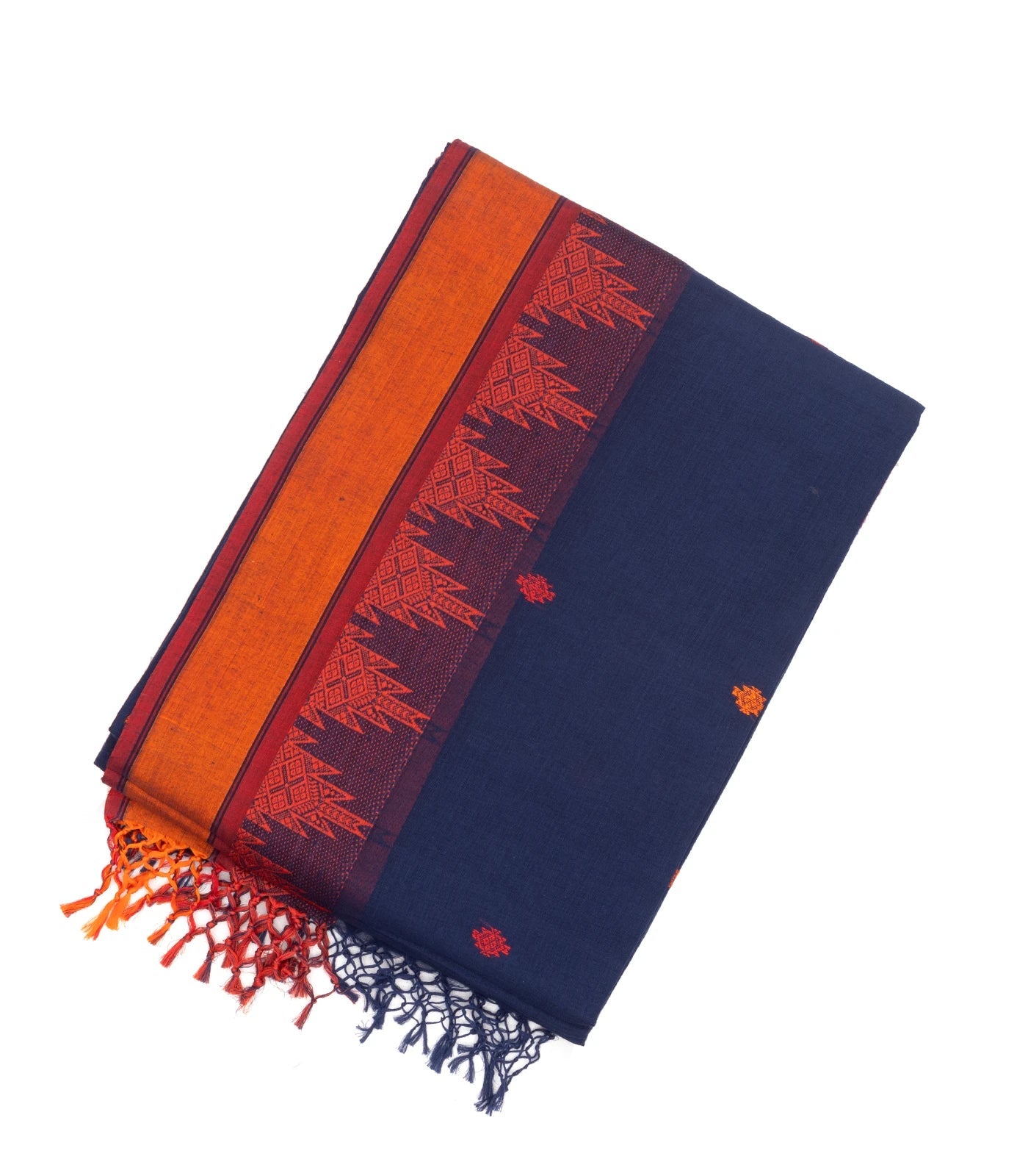 Navy Blue Handloom Bengal Cotton Saree With Temple Border