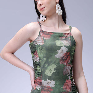Women's Green Fitted Floral Gathered Dress
