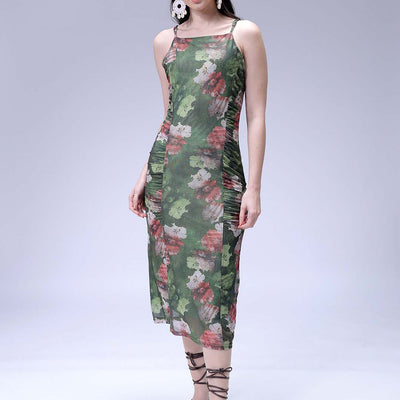 Women's Green Fitted Floral Gathered Dress