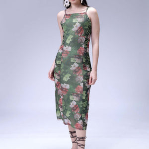 Women's Green Fitted Floral Gathered Dress