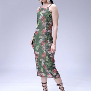 Women's Green Fitted Floral Gathered Dress
