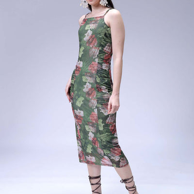 Women's Green Fitted Floral Gathered Dress