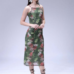 Women's Green Fitted Floral Gathered Dress