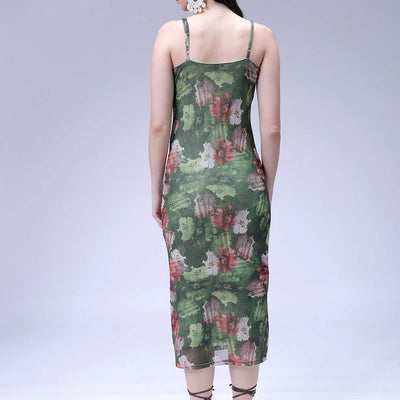 Women's Green Fitted Floral Gathered Dress