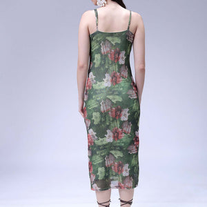 Women's Green Fitted Floral Gathered Dress