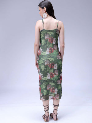 Women's Green Fitted Floral Gathered Dress