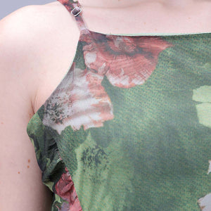 Women's Green Fitted Floral Gathered Dress