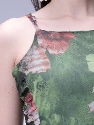 Women's Green Fitted Floral Gathered Dress